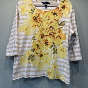 Karen Scott 1X 3/4 sleeve yellow floral top with gems, stripes